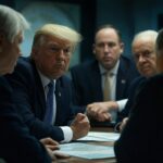 "Donald Trump speaking at a press conference, addressing the Signal group chat leak amid criticism from lawmakers