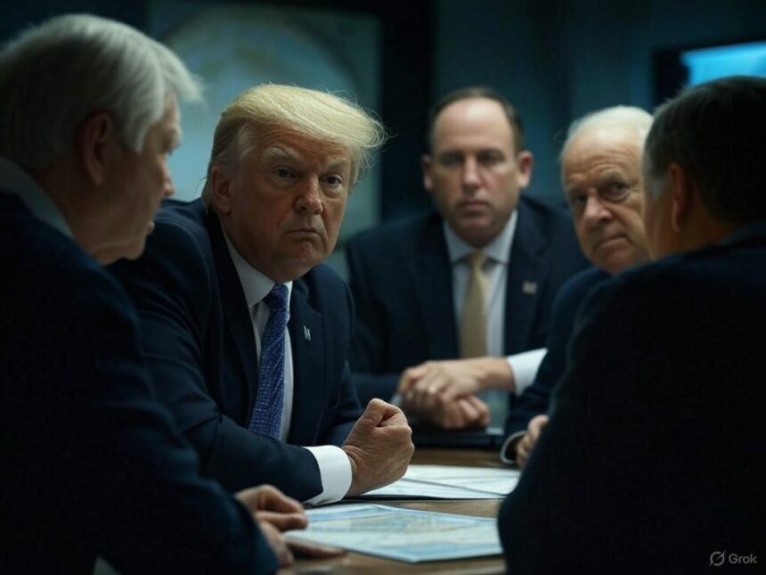 "Donald Trump speaking at a press conference, addressing the Signal group chat leak amid criticism from lawmakers